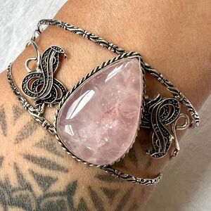 925 Cobra Snake Rose Quartz Cuff Bracelet